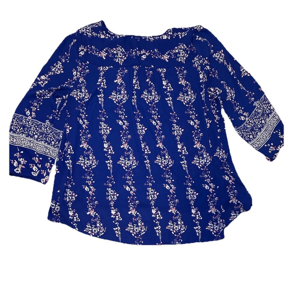 Kaari Blue Floral Boho Peasant Blouse XL Cottagecore Sheer Sleeve Top